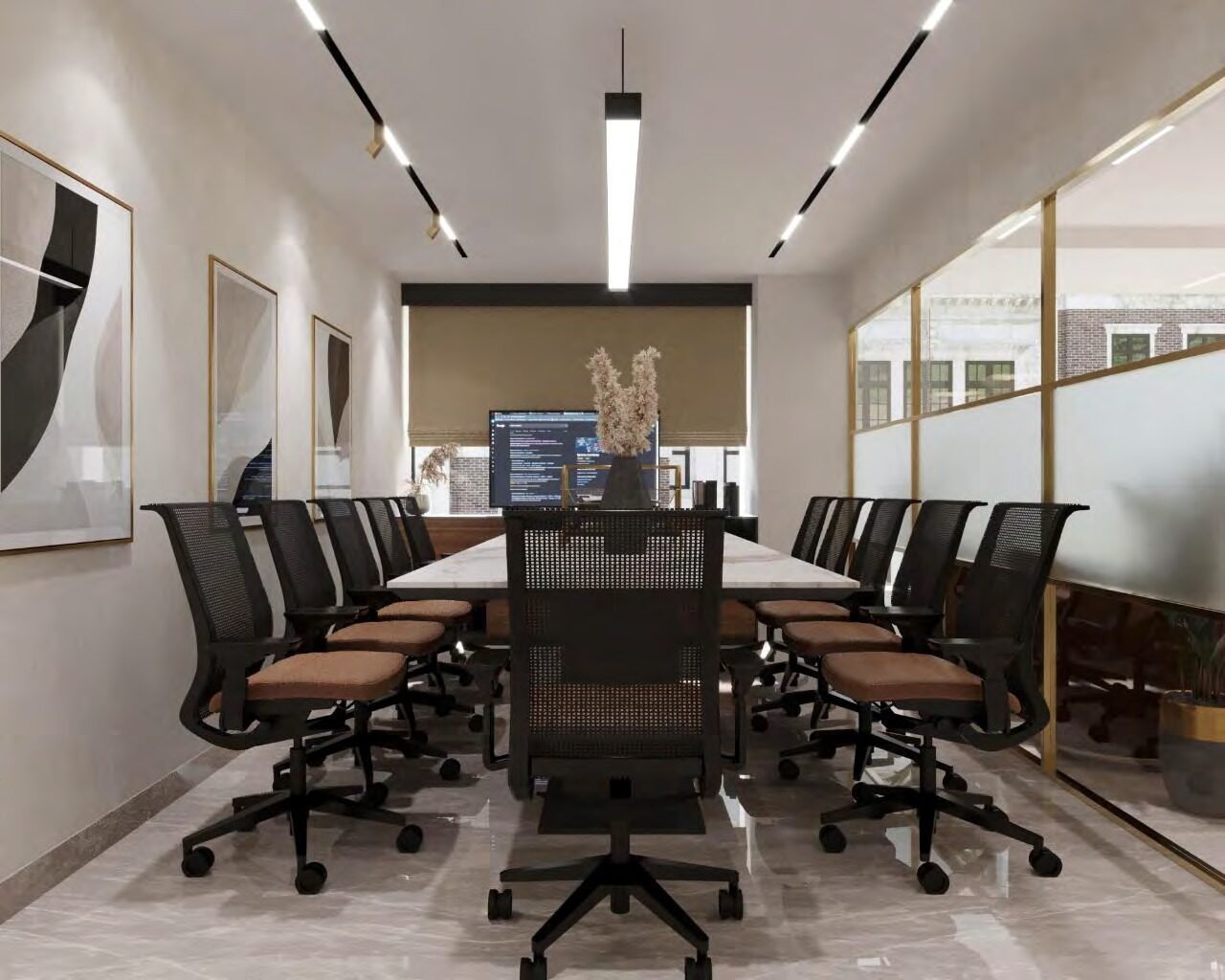 Glass-fronted conference room with marble table