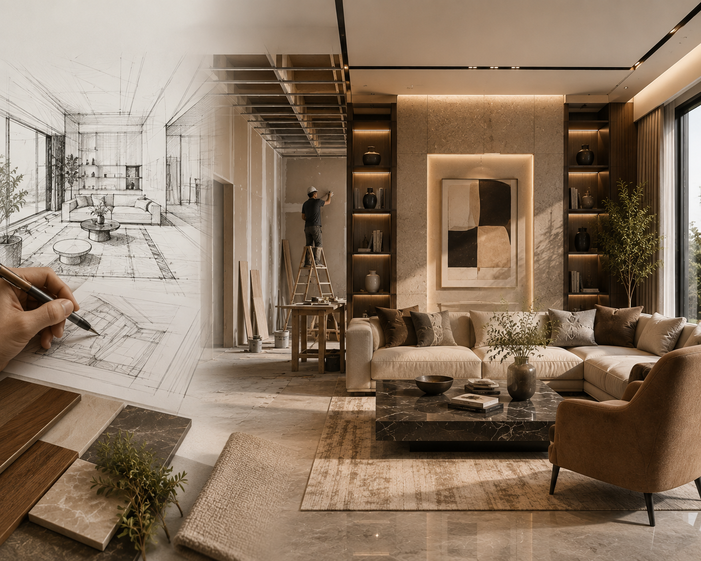Minimalist bedroom in soft neutral tones, representing Verve Spaces' interior design work