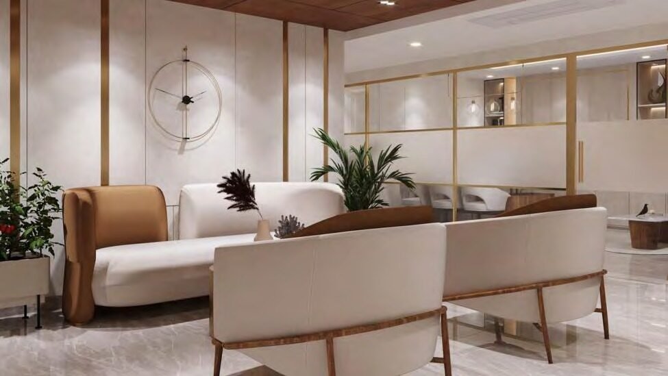 Visitor's lounge with cream armchairs and timber slat ceiling