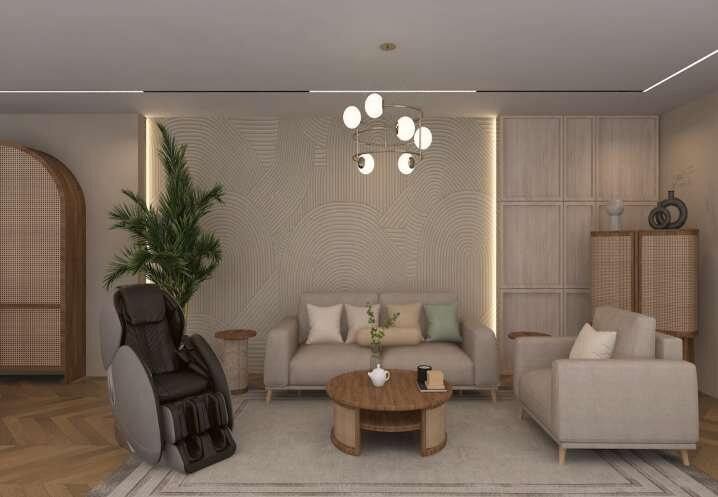 Lounge seating with a rattan feature wall and statement chandelier