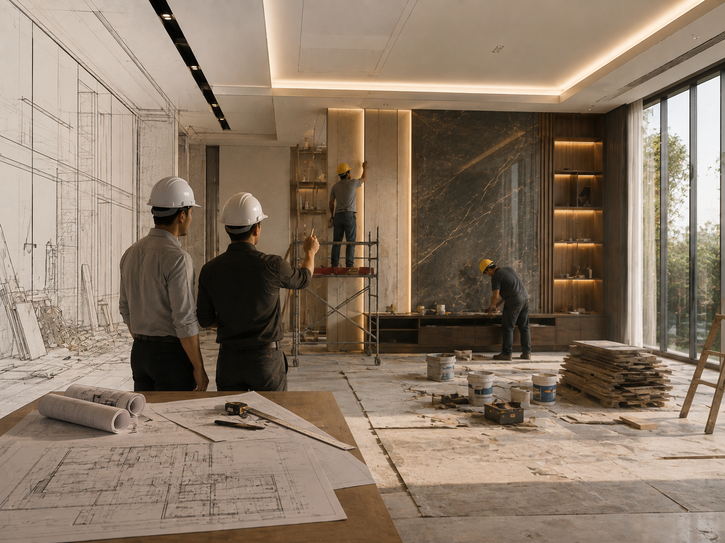 Glass-fronted conference room with marble table, representing Verve Spaces' project execution work