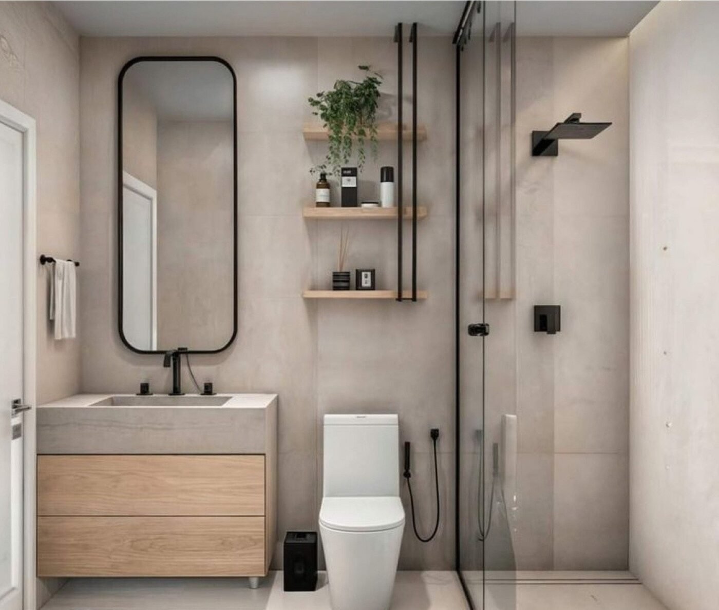 Minimalist bathroom in warm stone tones