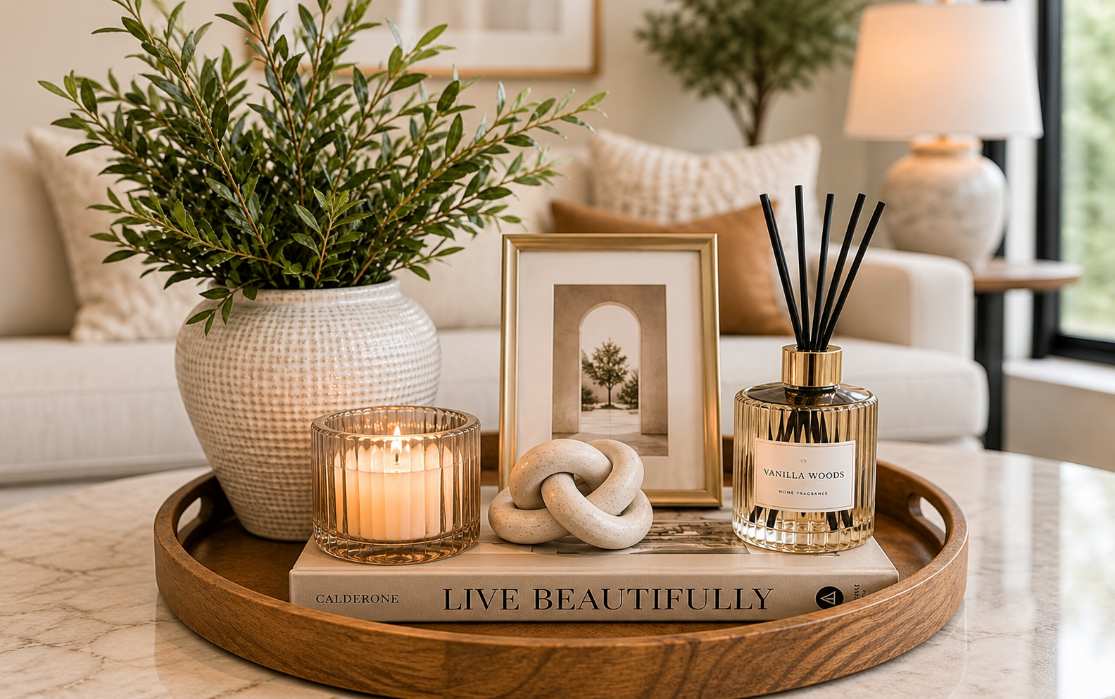 Styled reception desk detail with brass trim and curated objects, Verve Spaces studio